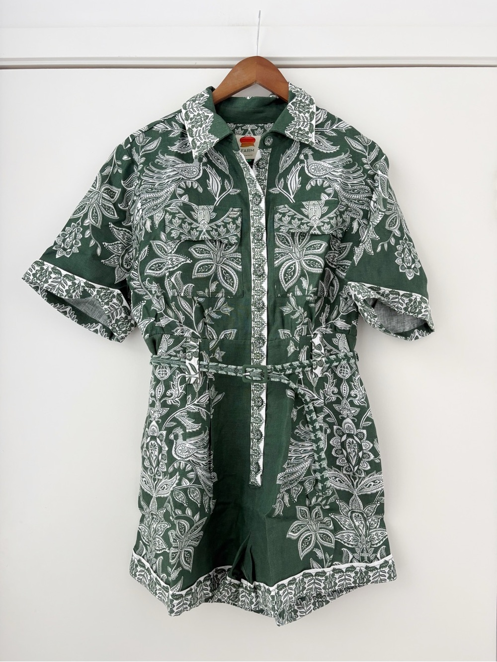 NWOT Farm Rio Miranda Short-Sleeve Belted Linen Romper S
